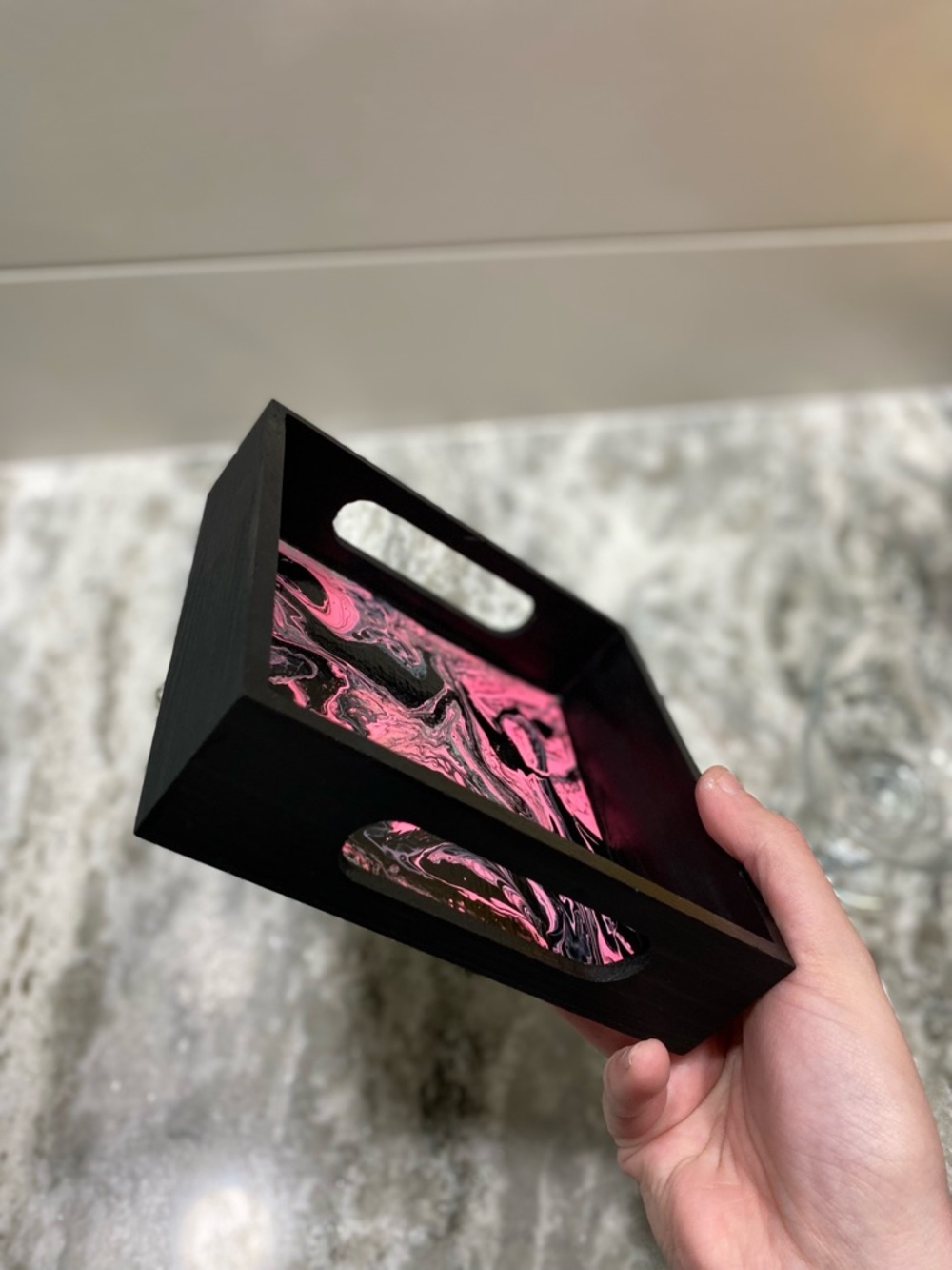 Hand Crafted Wooden Tray with Black & Pink Swirl Art - Picture 4 of 6